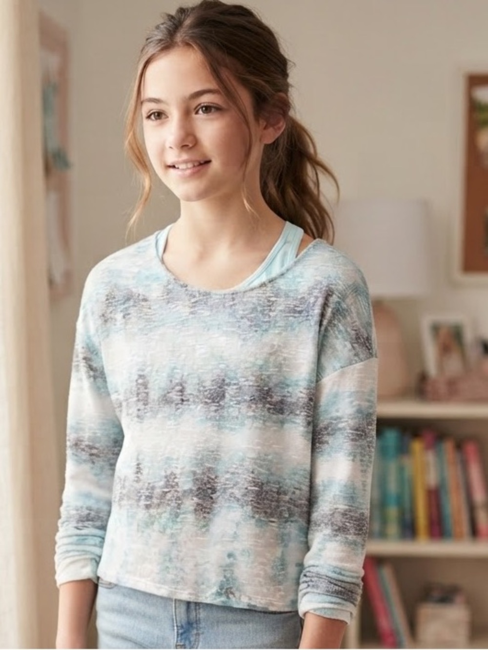 Justice Blue and White Abstract Tie-Back Long Sleeve Top